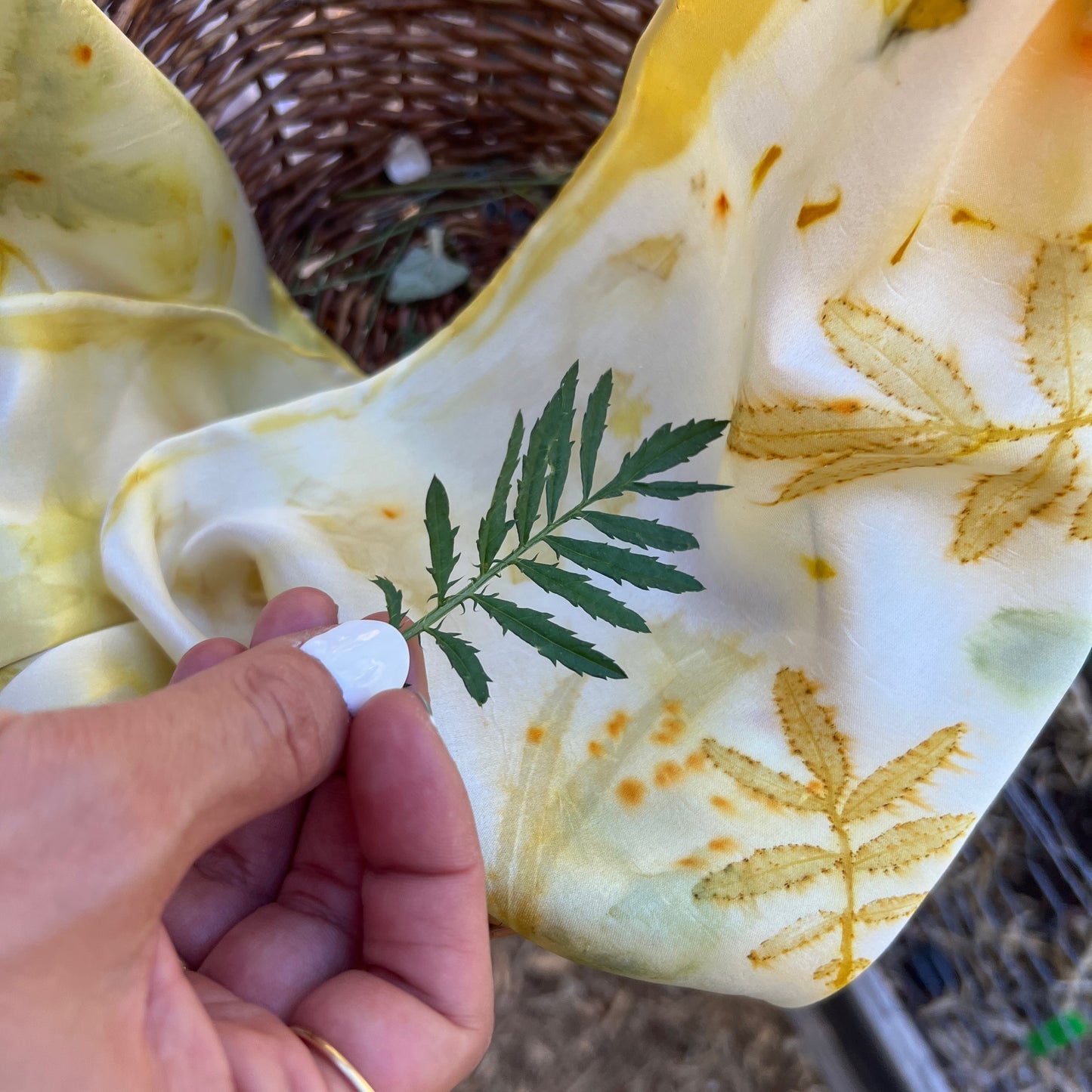 SAT08-02 - Satin Scarf - 8" x 52" - A Bouquet of August Garden Leaves: Cosmos, Locust, Tithonia, Marigold, Snakeweed