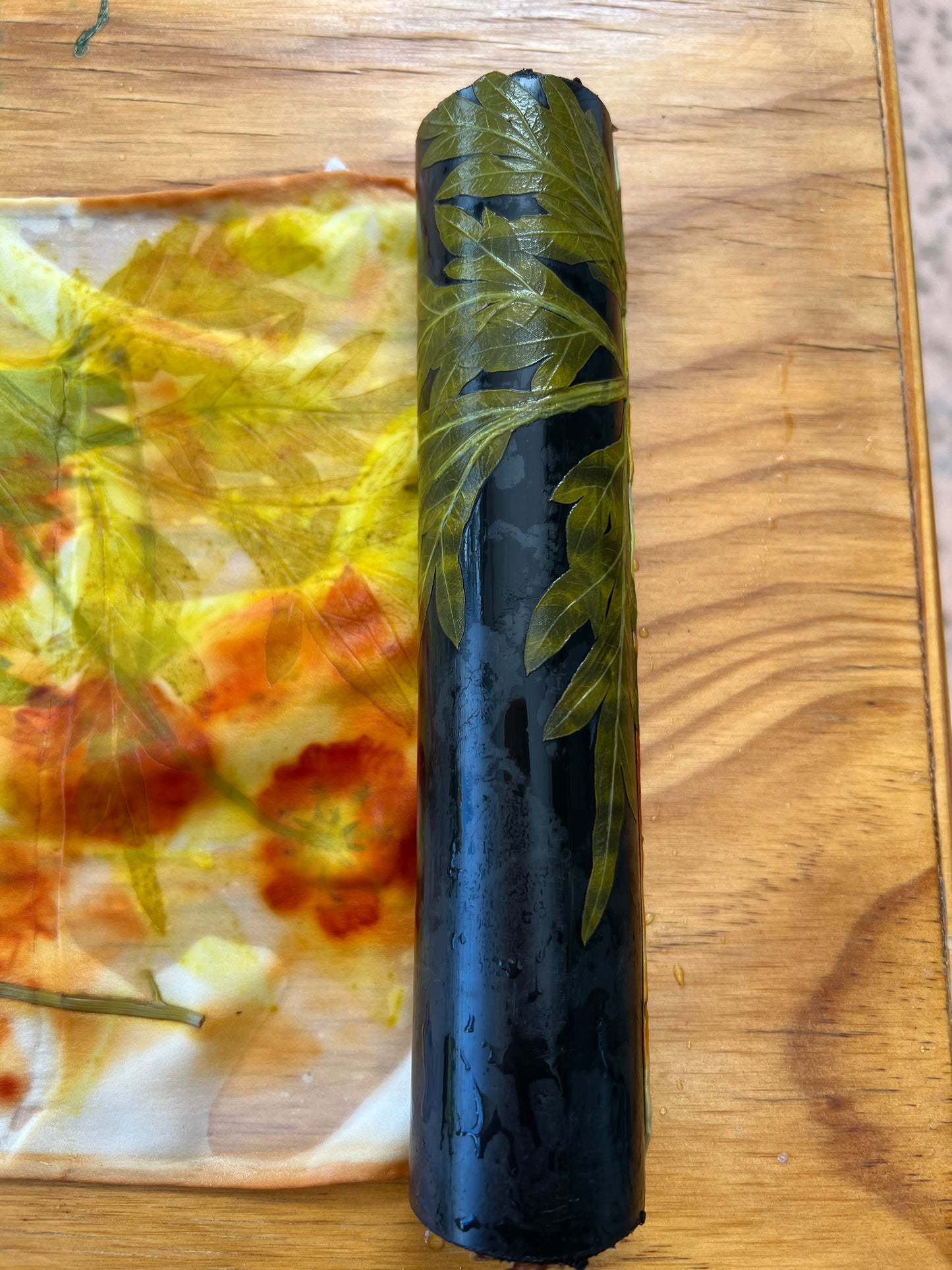 CHAR08-02 -Charmeuse Scarf 8" x 52" - Sulphur Cosmos Flowers and Leaves Intertwined