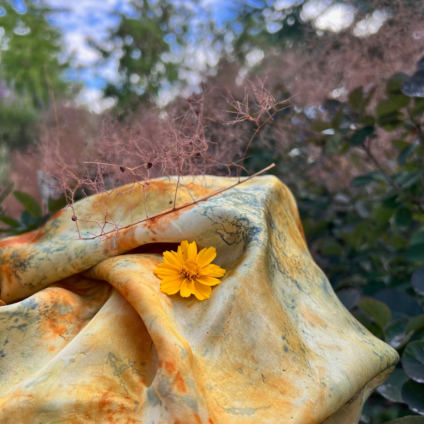 SAT16-07 - Satin Scarf - 16" x 16" - Cotinus and Coreopsis