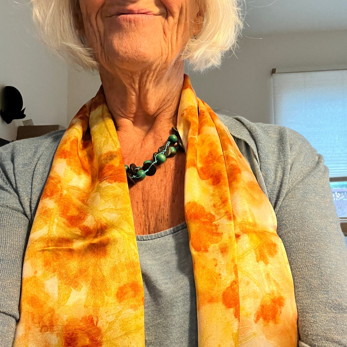 CHAR08-02 -Charmeuse Scarf 8" x 52" - Sulphur Cosmos Flowers and Leaves Intertwined