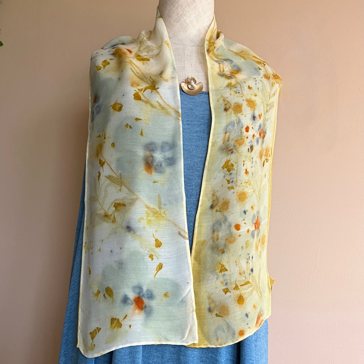 SW08-03 - Silk Wool Scarf - 8" x 52" - Marigold, Hibiscus, Goldeneye, Tithonia, Sulphur Cosmos