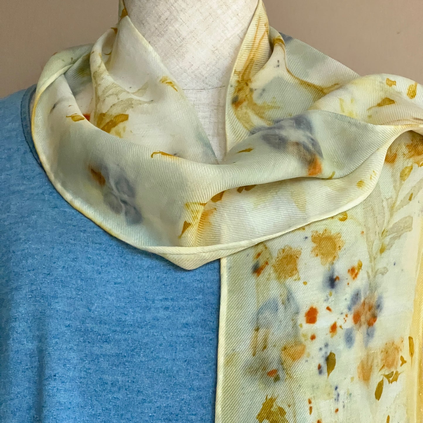 SW08-03 - Silk Wool Scarf - 8" x 52" - Marigold, Hibiscus, Goldeneye, Tithonia, Sulphur Cosmos