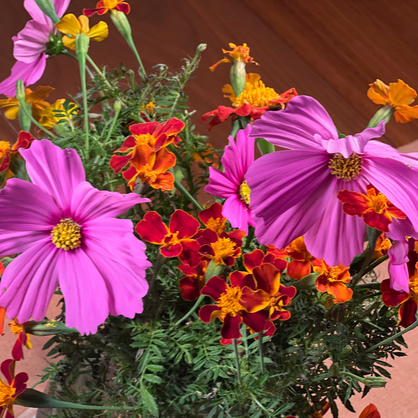 SAT08-02 - Satin Scarf - 8" x 52" - A Bouquet of August Garden Leaves: Cosmos, Locust, Tithonia, Marigold, Snakeweed