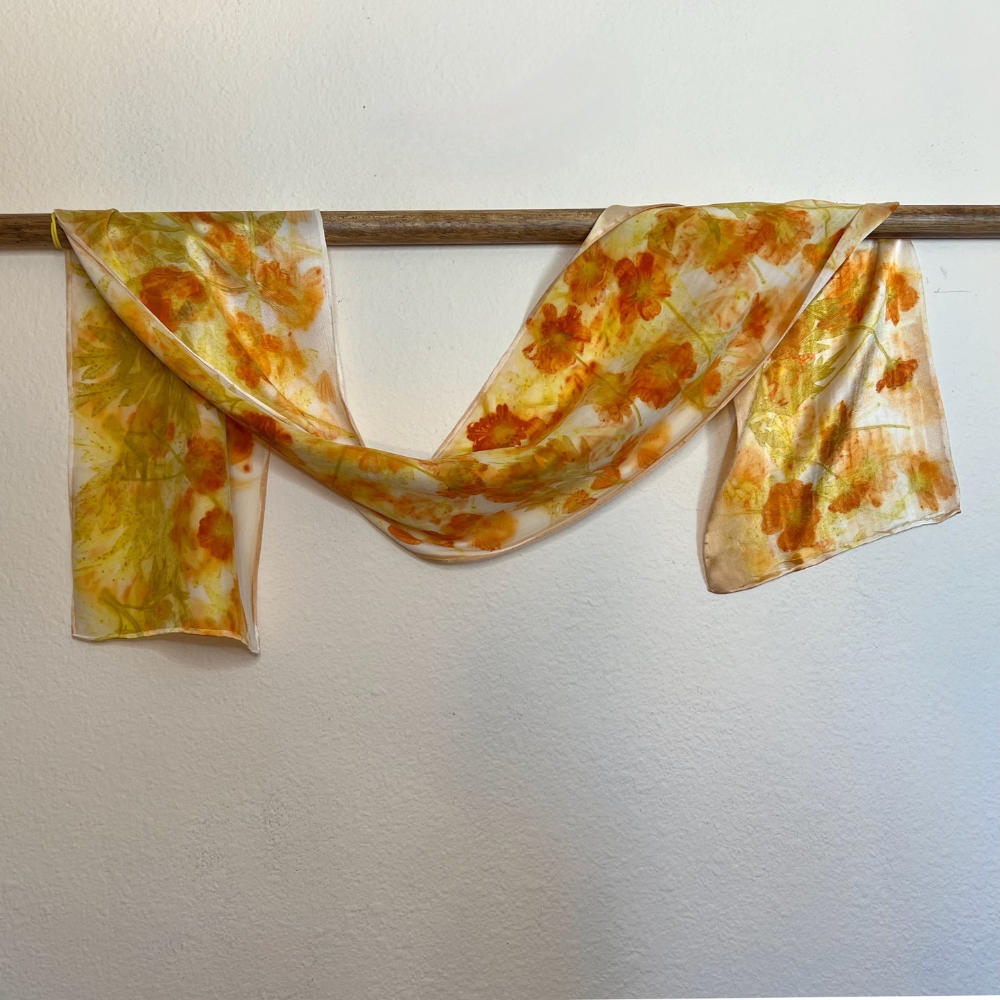 CHAR08-02 -Charmeuse Scarf 8" x 52" - Sulphur Cosmos Flowers and Leaves Intertwined