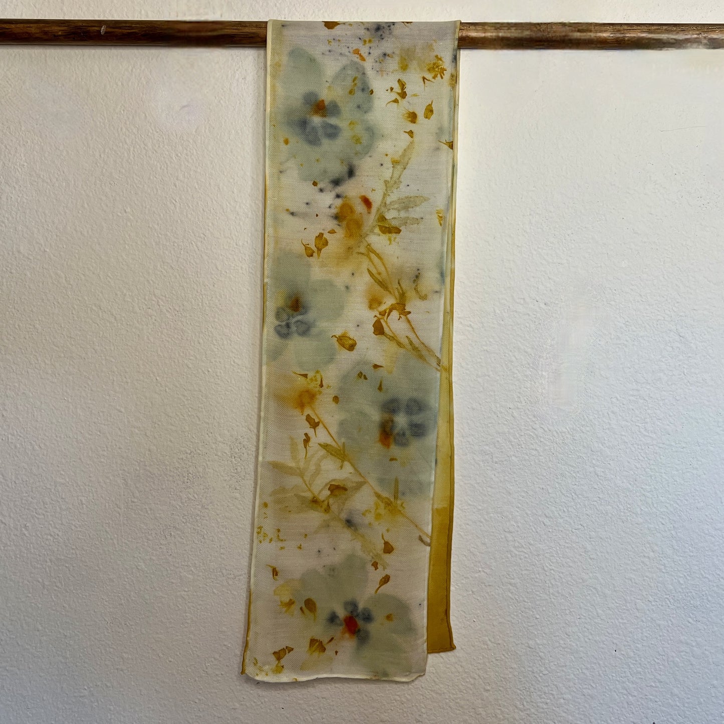 SW08-03 - Silk Wool Scarf - 8" x 52" - Marigold, Hibiscus, Goldeneye, Tithonia, Sulphur Cosmos