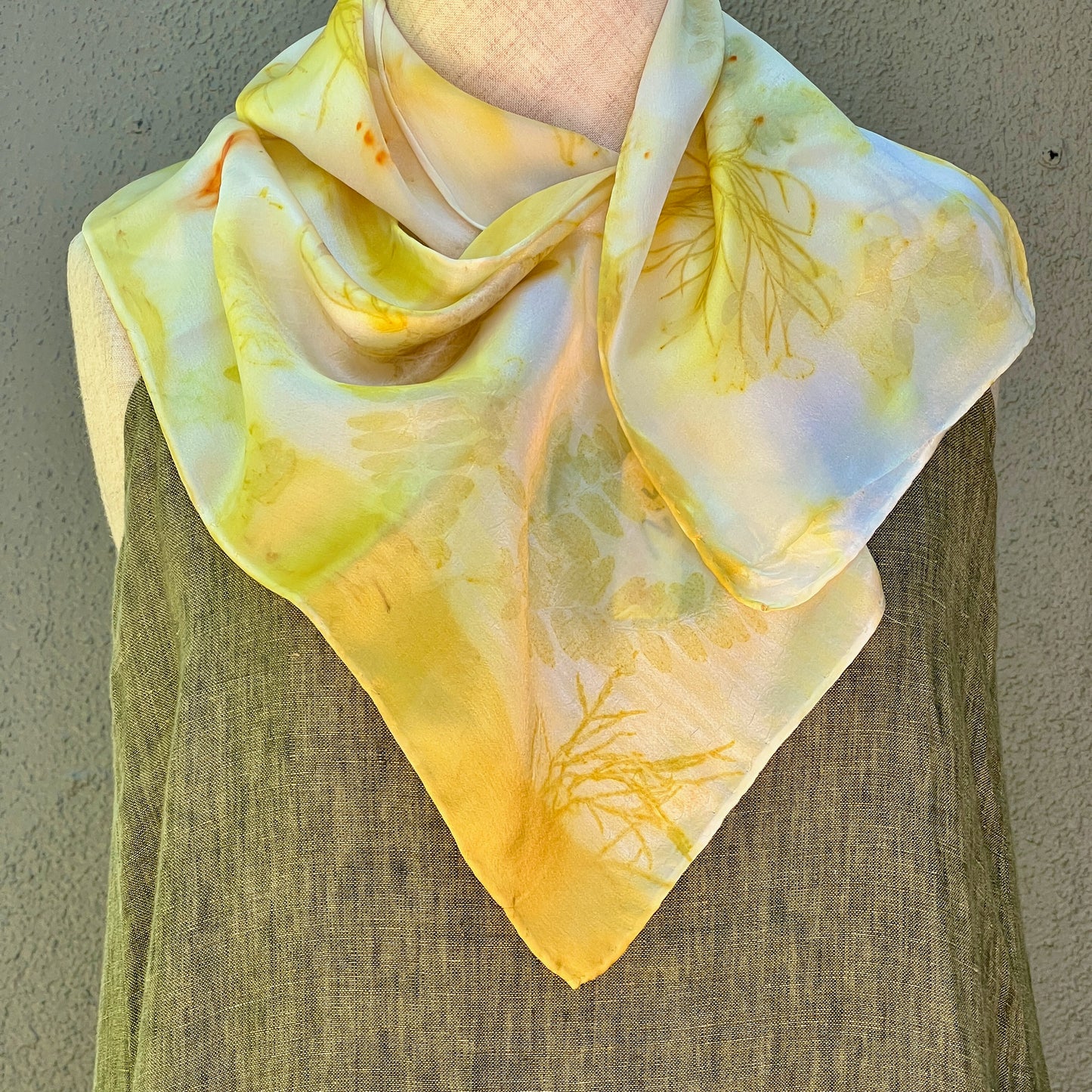 SAT08-02 - Satin Scarf - 8" x 52" - A Bouquet of August Garden Leaves: Cosmos, Locust, Tithonia, Marigold, Snakeweed
