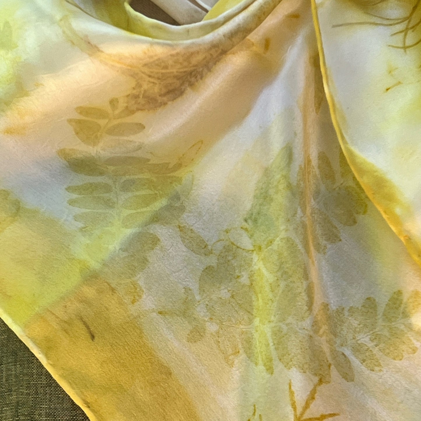 SAT08-02 - Satin Scarf - 8" x 52" - A Bouquet of August Garden Leaves: Cosmos, Locust, Tithonia, Marigold, Snakeweed