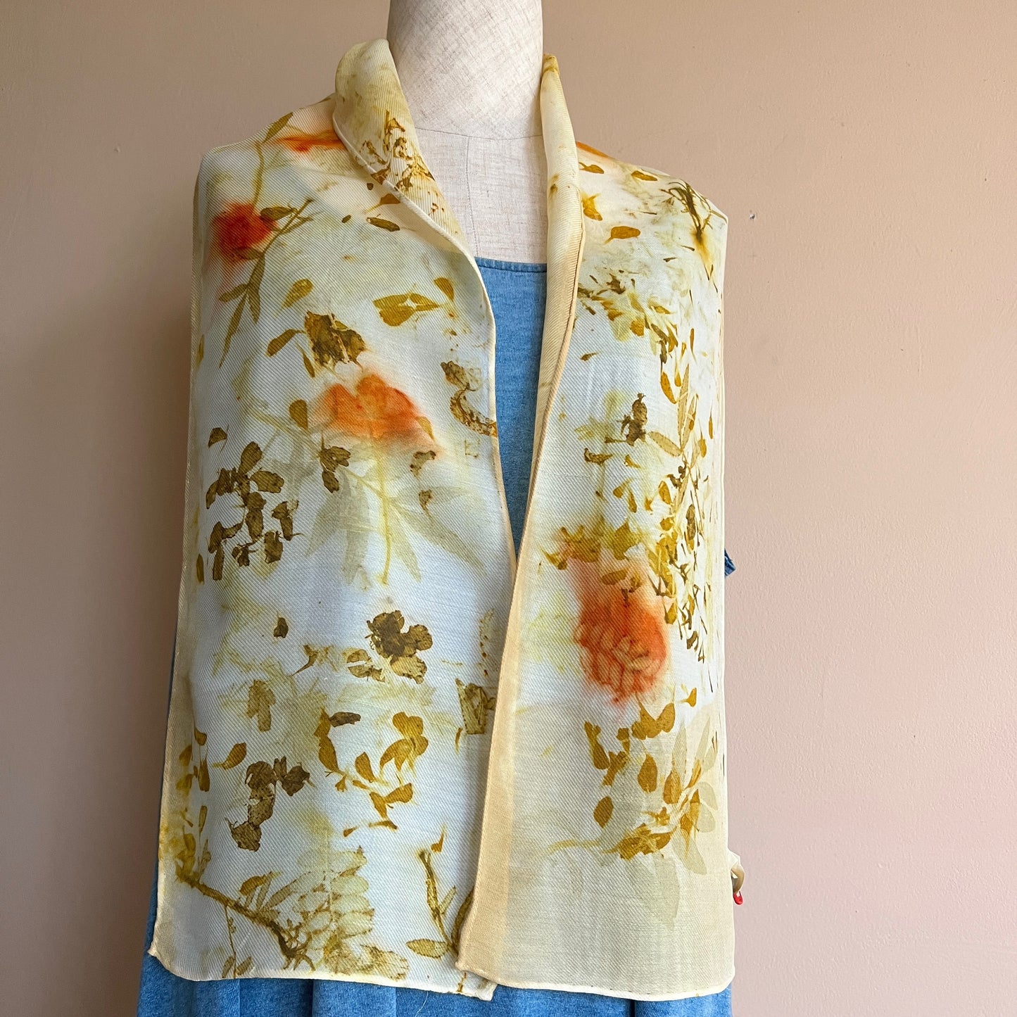 SW08-02 - Silk Wool Scarf - 8" x 52" - Marigold, Rosemary, Garlic Chives, Cosmos, Hibiscus Honey Locust