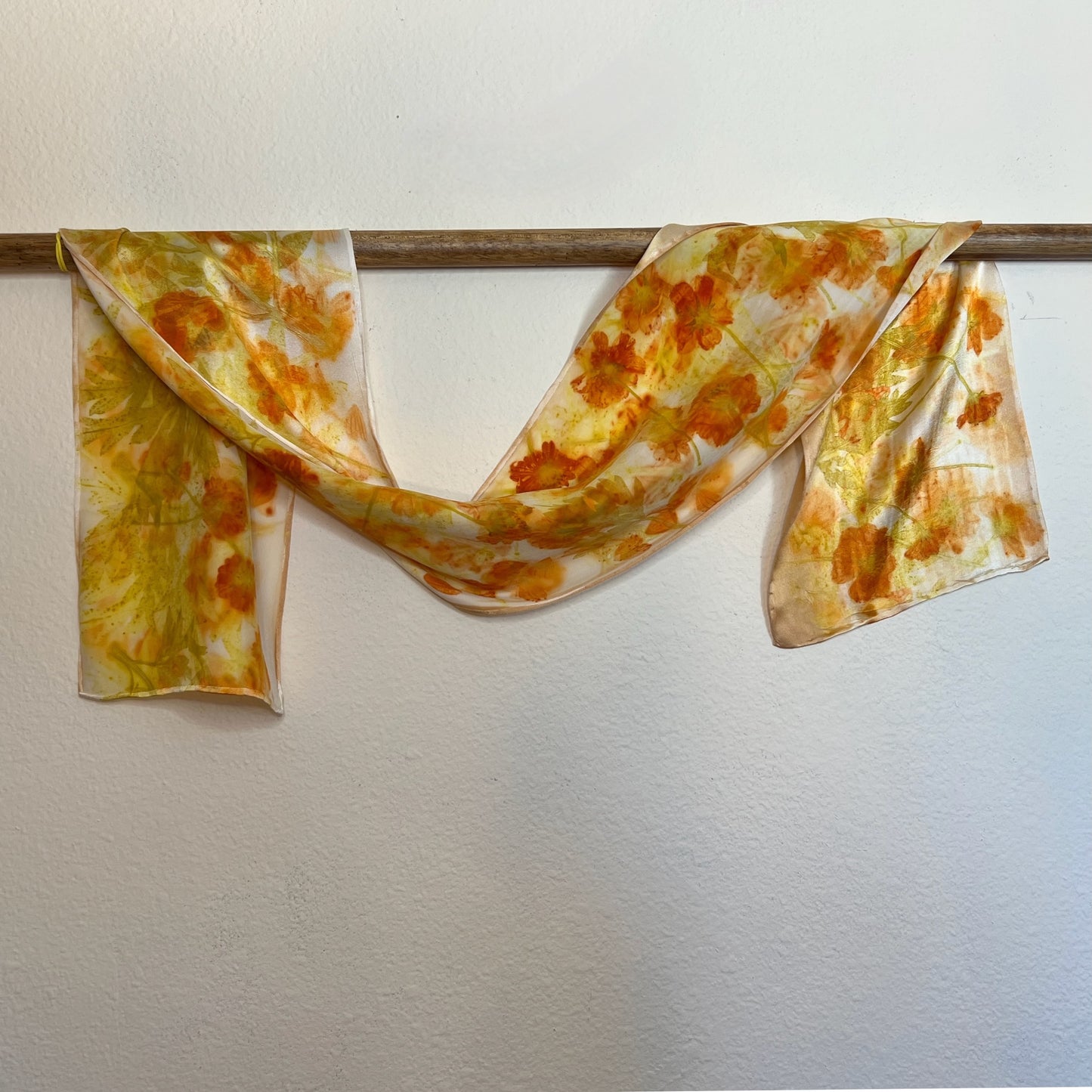 CHAR08-02 -Charmeuse  Scarf 8" x 52"  - Sulphur Cosmos Flowers and Leaves Intertwined