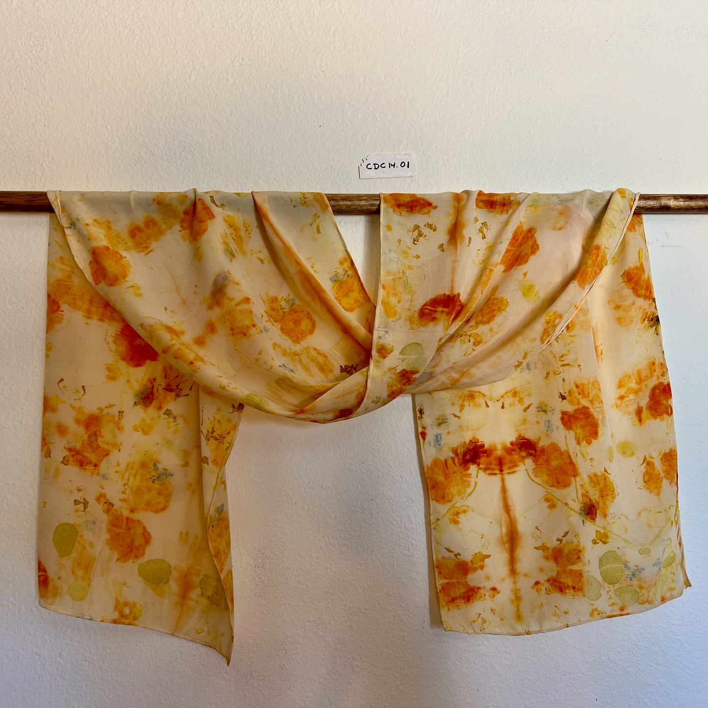 CDC14-01 - Crepe de Chine Scarf - 14" x 70"  Coreopsis, Cotinus, Larkspur, Marigold