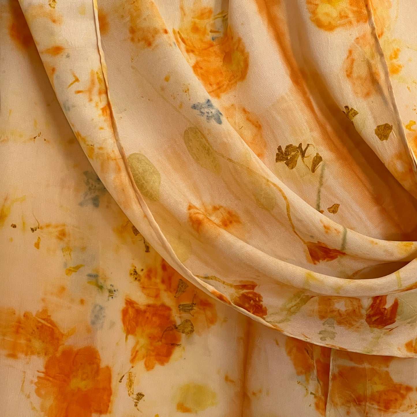 CDC14-01 - Crepe de Chine Scarf - 14" x 70"  Coreopsis, Cotinus, Larkspur, Marigold