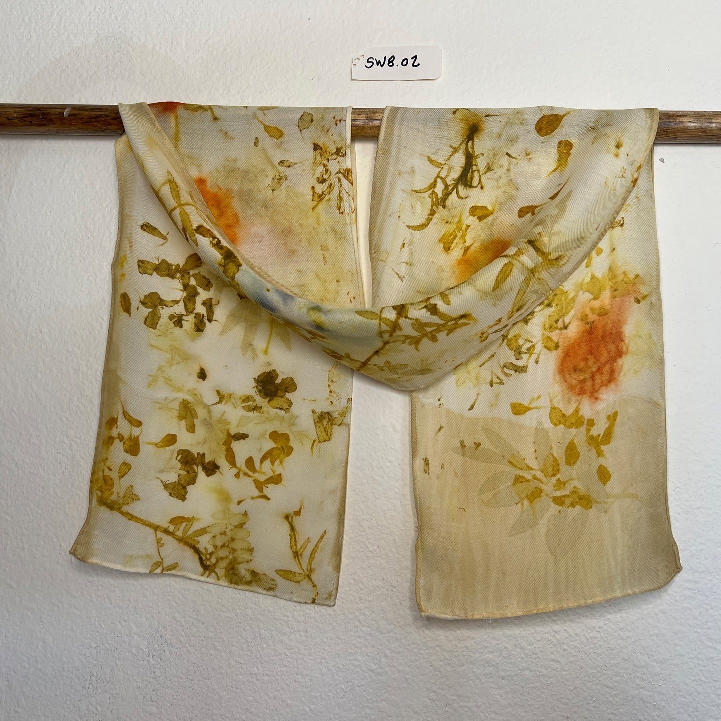 SW08-02 - Silk Wool Scarf - 8" x 52" - Marigold, Rosemary, Garlic Chives, Cosmos, Hibiscus Honey Locust